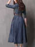 Women's Retro Washed Denim Blue Pleated Dress with Belt