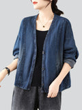 Ladies Korean Style V-Neck Button Up Short Denim Jacket