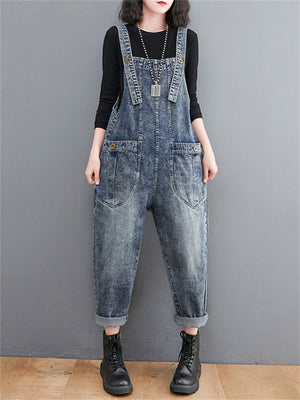 Women's Retro Large Size Jumpsuits Loose Casual Denim Overalls