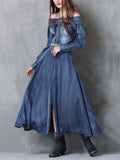 Women's Off-shoulder Pocket Denim Dress with Embroidered Belt