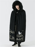 Men's Plush Crane Embroidered Cloak Coat with Removable Collar