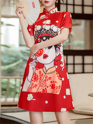Women's Chinese Opera Cartoon Girl Print Dress
