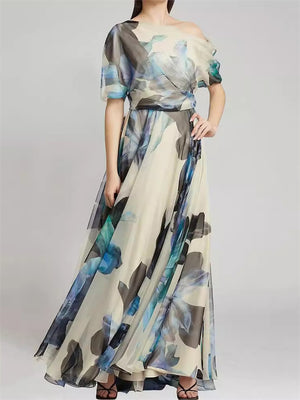 Ladies Irregular One-Shoulder Printed Chiffon Dress