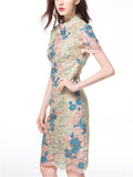 Female Spring Summer Elegant Contrast Color Flower Embroidery Qipao