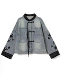 Women's Flower Embroidery Tassel Button Denim Jacket