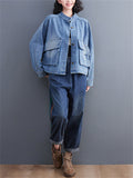 Women's Single Breasted Flap Pockets Denim Short Jacket