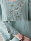 Female Ethnic Style Ginkgo Leaf Embroideried 3/4 Sleeve Shirt