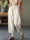 Cotton Linen Elastic Waist Solid Patchwork Women's Pants