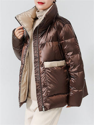 Women's Trendy Stand Collar Contrast Color Puffy Down Coat