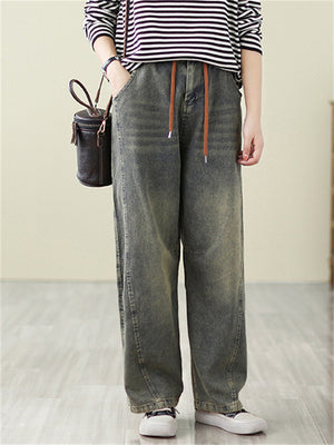 Women's Vintage Autumn Patchwork Casual Blue Denim Pants