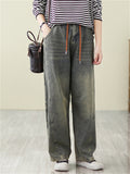 Women's Vintage Autumn Patchwork Casual Blue Denim Pants