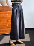 Spring Elegant Dark Blue High-Rise Wide Leg Jeans for Ladies