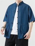 Chinese Style Button Up Patch Pocket Denim Shirt for Men