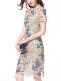 Female Spring Summer Elegant Contrast Color Flower Embroidery Qipao