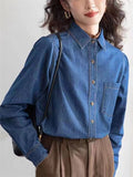 Dark Blue Vintage Autumn Temperament Denim Shirt for Women