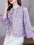 Female Elegant Tassel Button Chrysanthemum Print Jacket