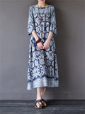 Lady Ethnic Style Printed Round Neck 3/4 Sleeve Dress