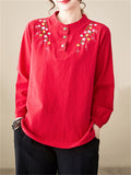 Women's Cute Flowers Embroidery Cotton Linen Long Sleeve Shirt