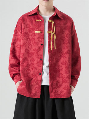 Men's Chinese Style Jacquard Long Sleeve Lapel Collar Shirt