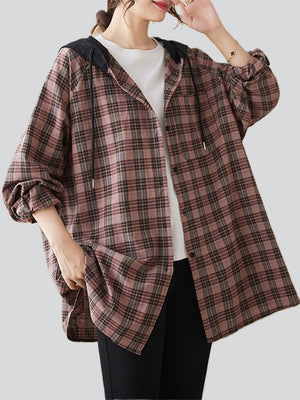 Women's Oversized Sport Button Up Plaid Hooded Jacket