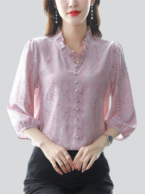 Elegant Puff Sleeve Floral Pattern Faux Silk Shirt for Women