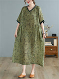 Female Retro Print V Neck Short Sleeve Linen Loose Dress