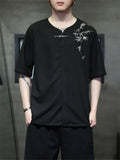 Male Bamboo Embroidered Half Sleeve Metal Button Shirt