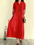 Ethnic Colorful Cloud Embroidery Loose Midi Dress for Women