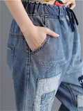 Women's Casual Washed Effect Elastic Waist Blue Denim Harem Pants