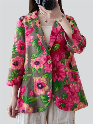 Women's Beautiful Rose Red Floral One Button Blazer