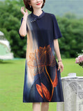 Ladies Cozy Breathable Chiffon Dress with Golden Lotus Print