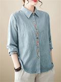 Female Chinese Floral Embroideried Lapel Button Up Linen Shirt