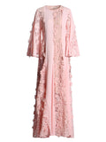 Pink Lace Floral Embroidery Flare Sleeve Maxi Dress for Women