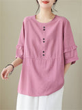 Women's Decorative Button Round Neck Relaxed Pullover Shirt