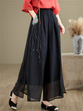 Lotus Embroideried Flowy Linen Fairy Pants for Women