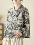 Women's Oriental Scenery Print Stand Collar Long Sleeve Shirt