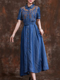 Women's Orange Leaf Embroidery Lapel Button Blue Denim Dress