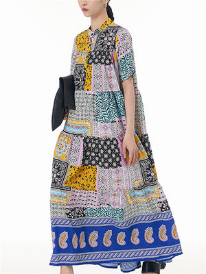 Ladies Vogue Bohemian Style Patchwork Lapel Dress