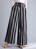 Retro Black Grey Stripes Cozy Linen Wide Leg Pants for Women