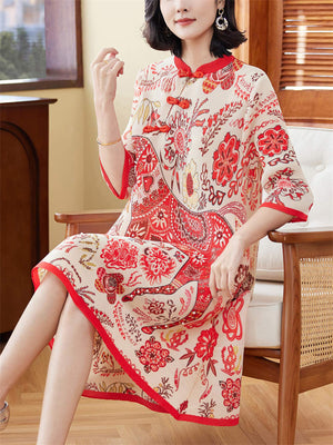 Women's Vintage Print Stand Collar Half Sleeve Elegant Qipao