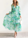 Sexy Deep V Neck Lantern Sleeve Flowy Print Dress for Lady