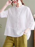 Summer Female Country Style Contrast Color Patchwork Cotton Linen Shirt