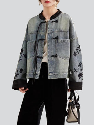 Women's Flower Embroidery Tassel Button Denim Jacket