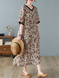 Female Retro Print V Neck Short Sleeve Linen Loose Dress