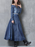 Women's Off-shoulder Pocket Denim Dress with Embroidered Belt