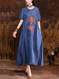 Ancient Style Red Lotus Embroidery Short Sleeve Dress for Women