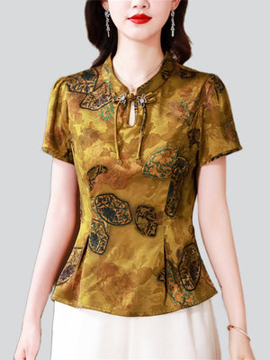 Women's Slim Fit Short Sleeve Imitation Mulberry Silk Shirt