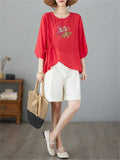 Female Chinese Fan Flower Embroidered 3/4 Sleeve Shirt