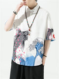 Fish Crane Mountain Print Summer Button T-shirt for Men