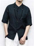 Men's Summer Vacation Stand Collar Button Short Sleeve Linen Shirt